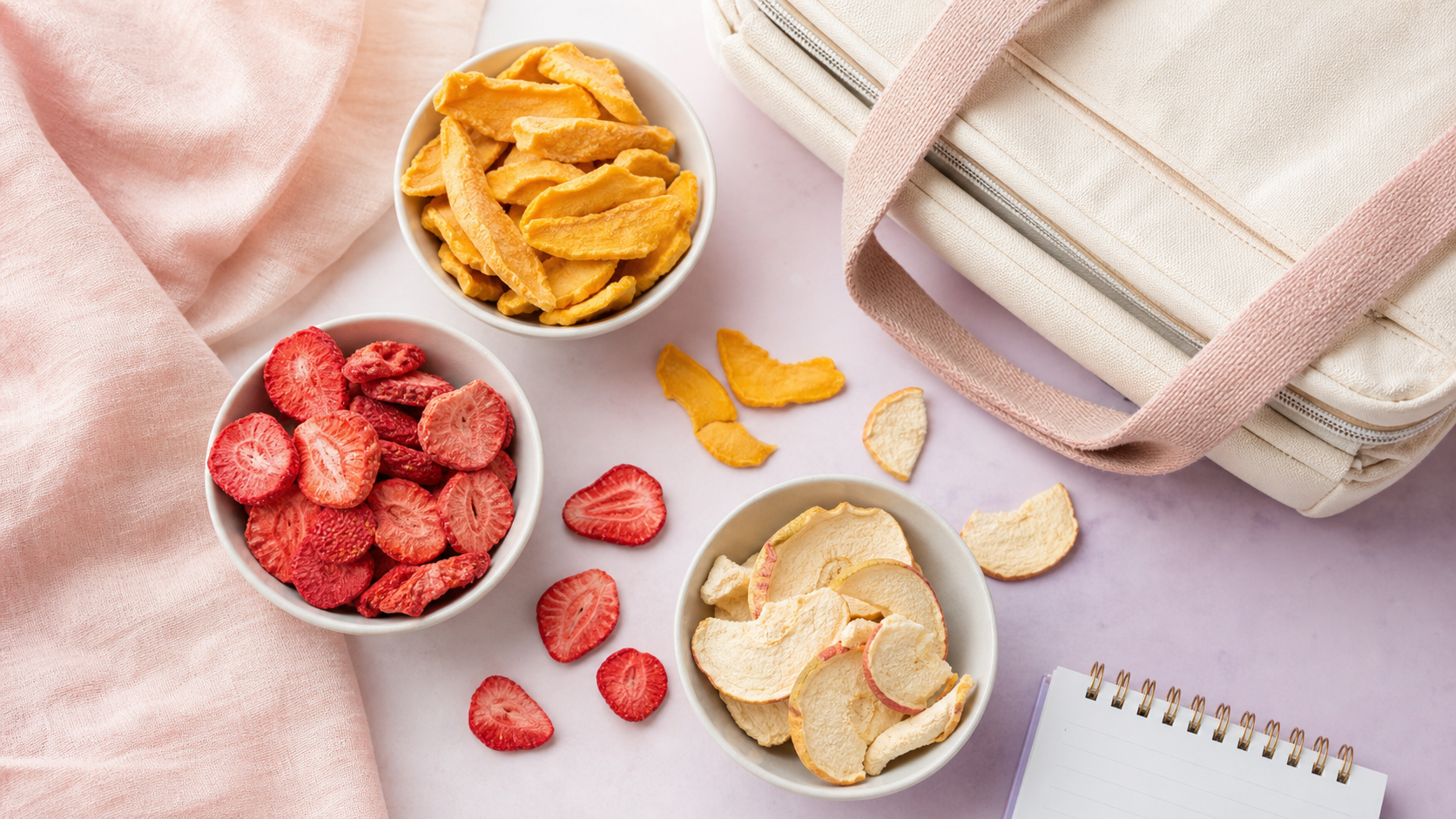 Freeze-dried fruit in pink and lavender bowls beside a lunch tote for an airy after-lunch crunchy fruit snack reset