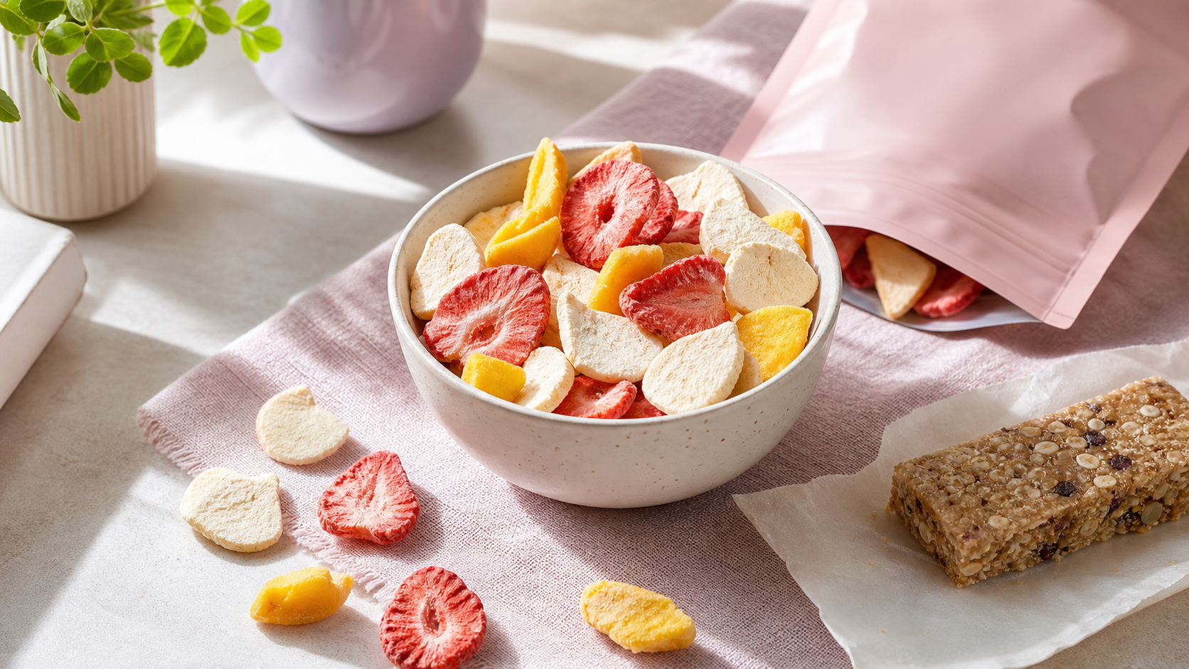 Soft pink and lavender freeze-dried fruit scene with a colorful OhCrisp pouch, a snack bar left behind, and a bright bowl of crunchy fruit for a healthier reset